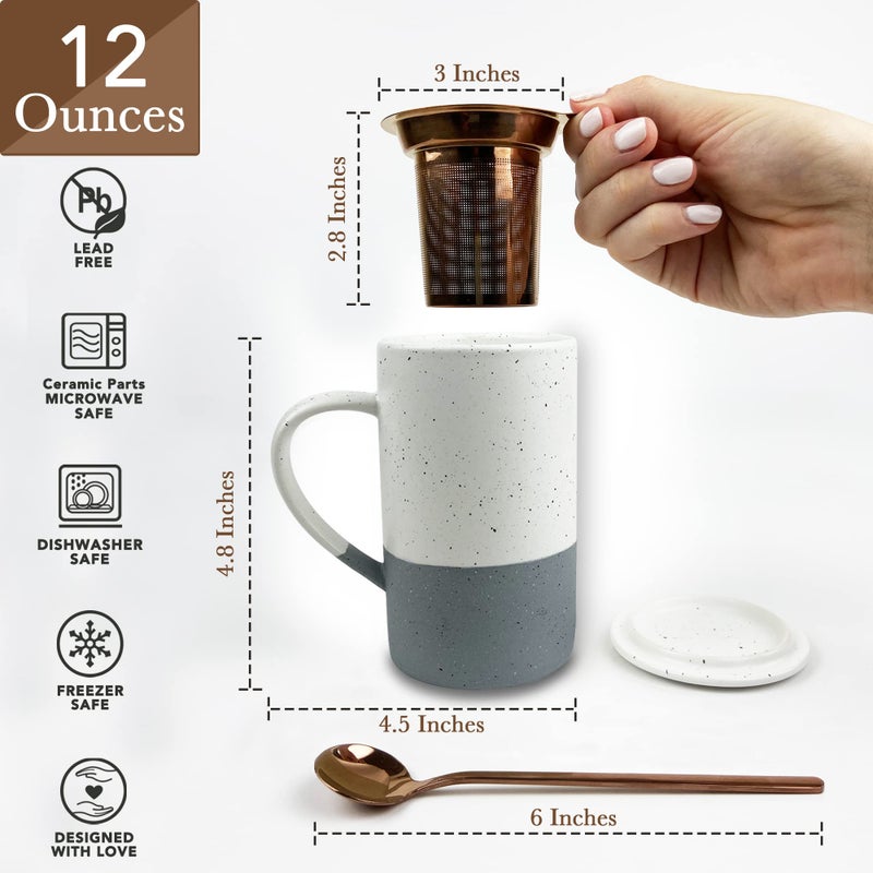 Mora Ceramics Tea Cup with Loose Leaf Infuser, Spoon and Lid, 12 oz, Microwave and Dishwasher Safe Coffee Mug - Rustic Matte Ceramic Glaze, Modern Herbal Tea Strainer - Great Gift for Women, Flint - Image 2